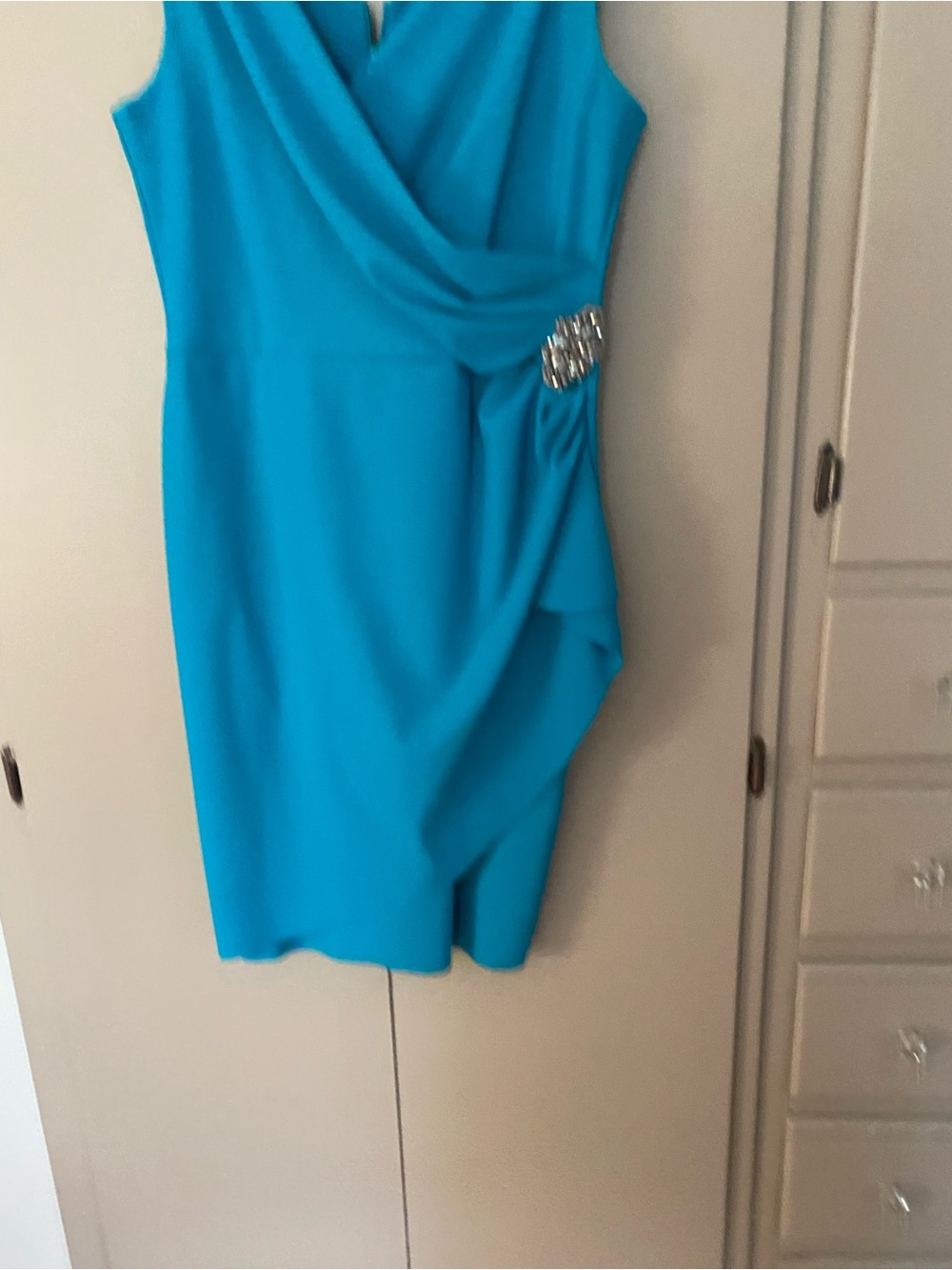 Alex Evenings Turquoise Sleeveless Sheath Dress with Jewel Accent